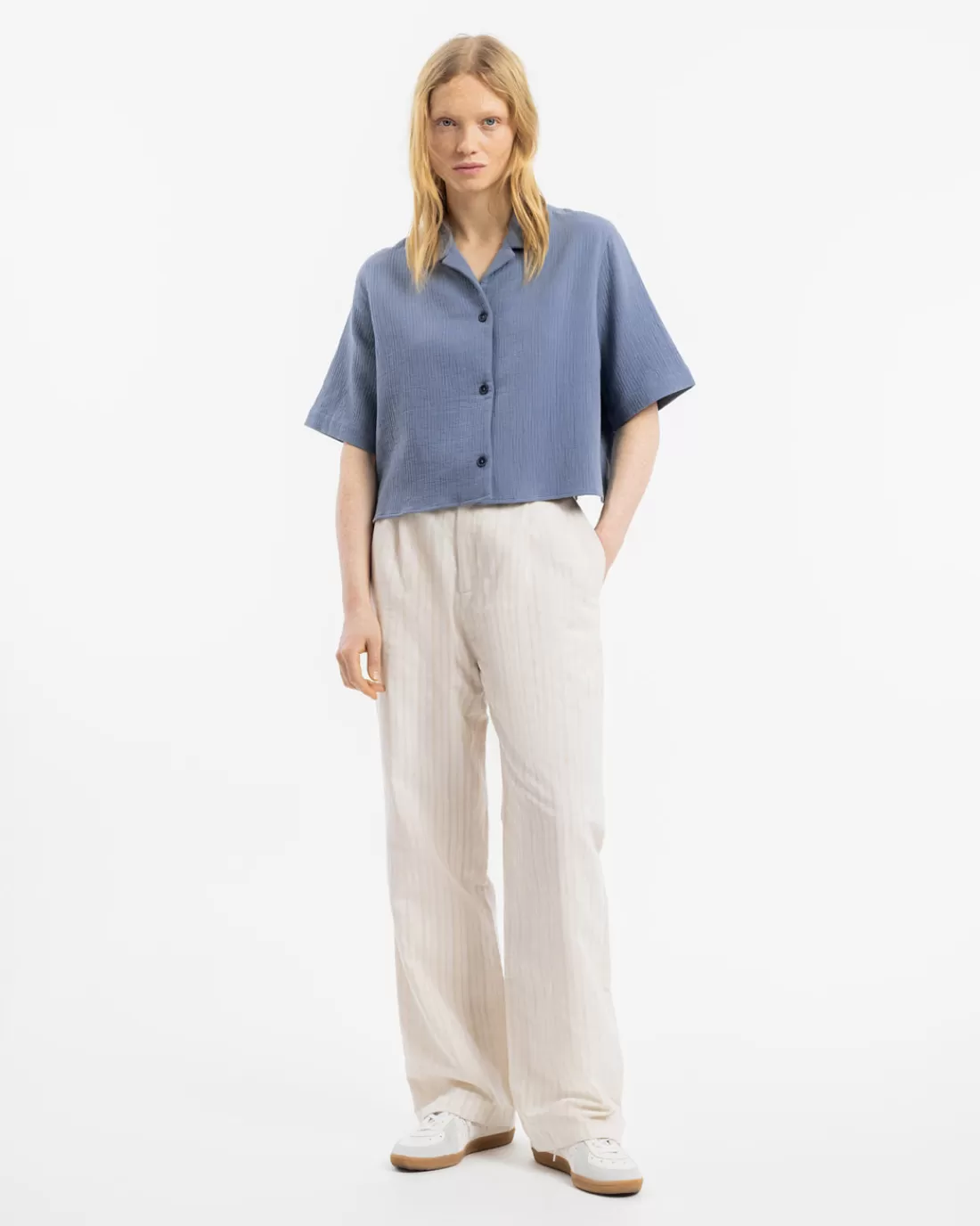 Shirts & Blouses | Rotholz Cropped Bowling Shirt Stone Blue