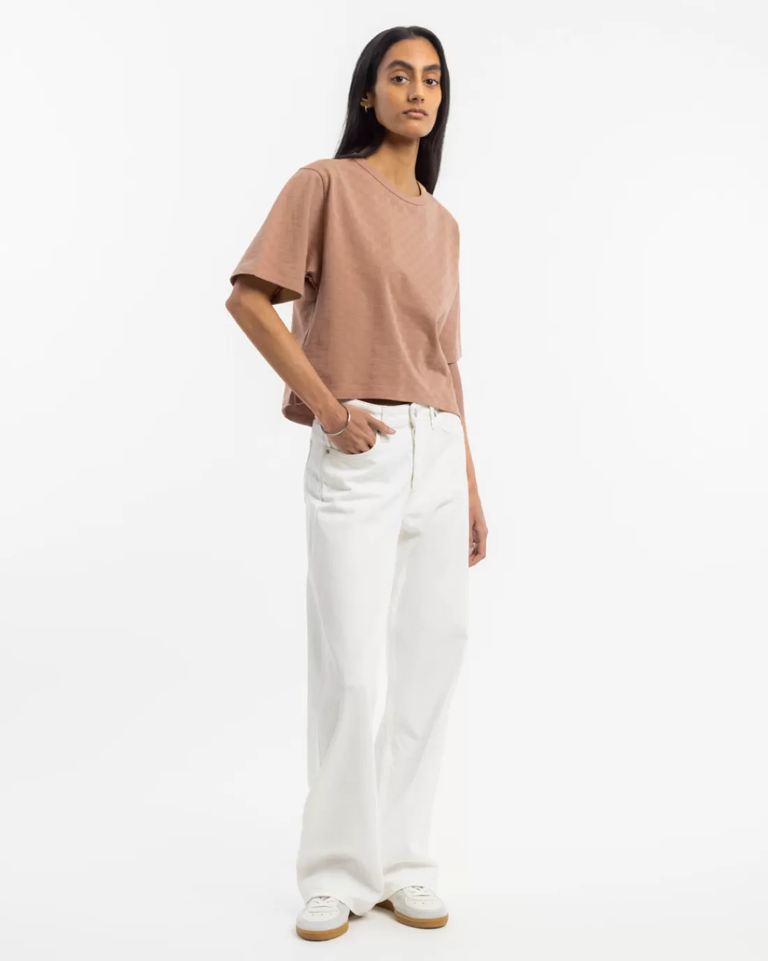 T-Shirts & Tops | Rotholz Cropped Tonal Check T-Shirt Caramel Brown