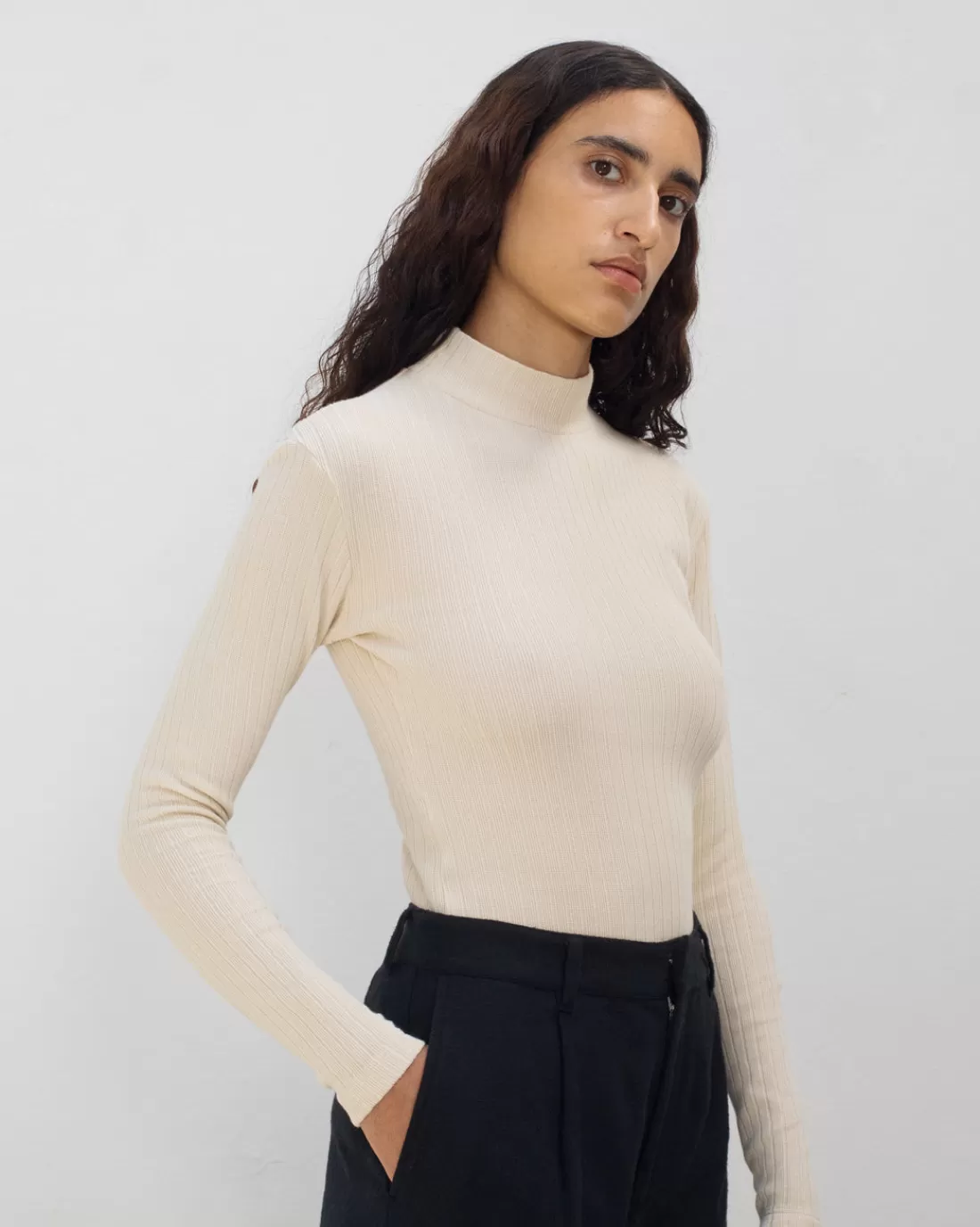 T-Shirts & Tops | Rotholz Ribbed Long-Sleeve Mockneck Organic Cotton - Soft Sand