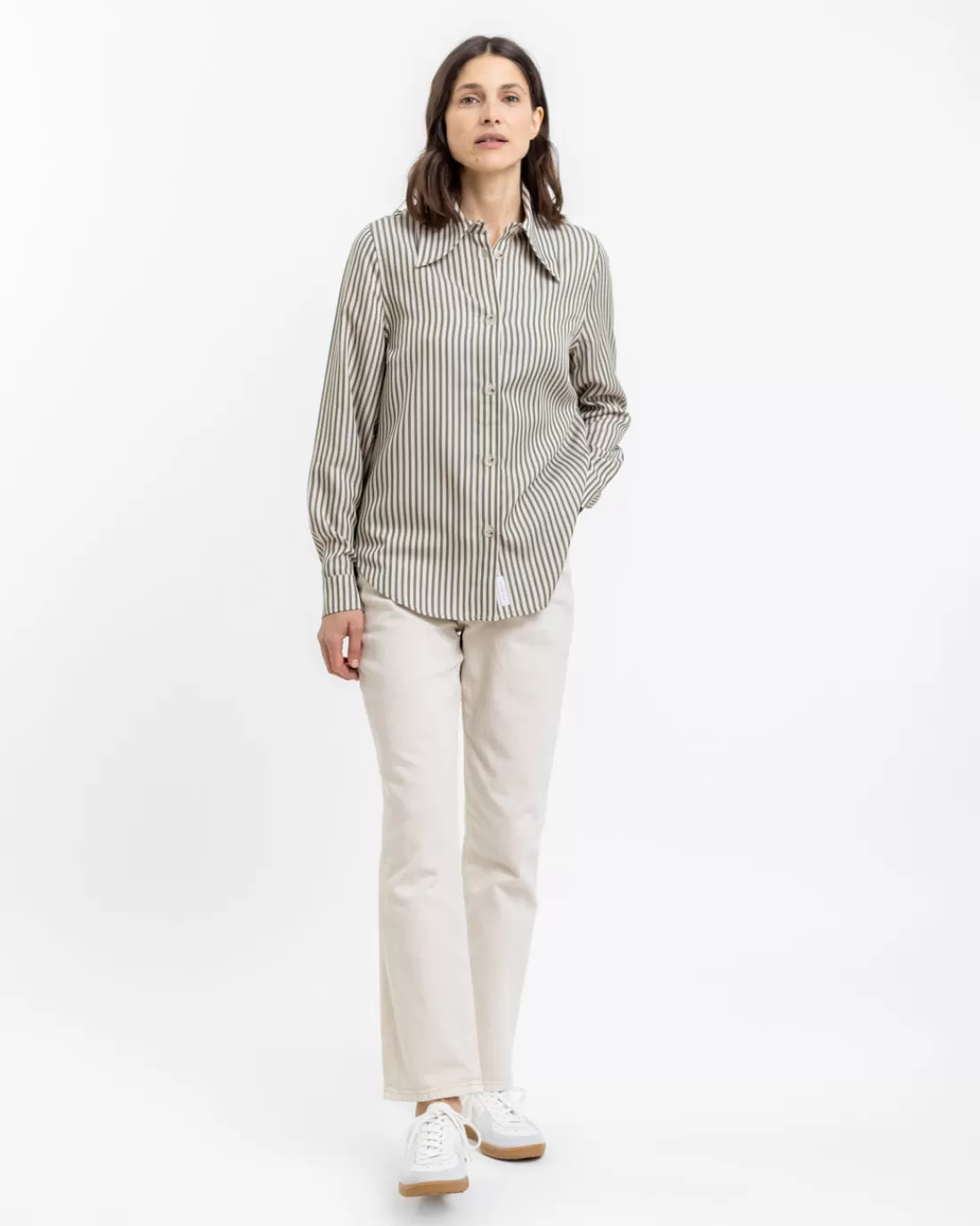 Shirts & Blouses | Knitwear | Rotholz Women's Pointed Collar Shirt Olive/Sand Stripe